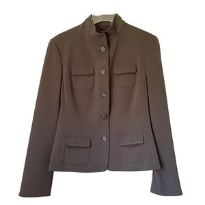 Tahari Blazer Jacket Womens 14 Brown Good Mock Neck Utility Fringed Pockets